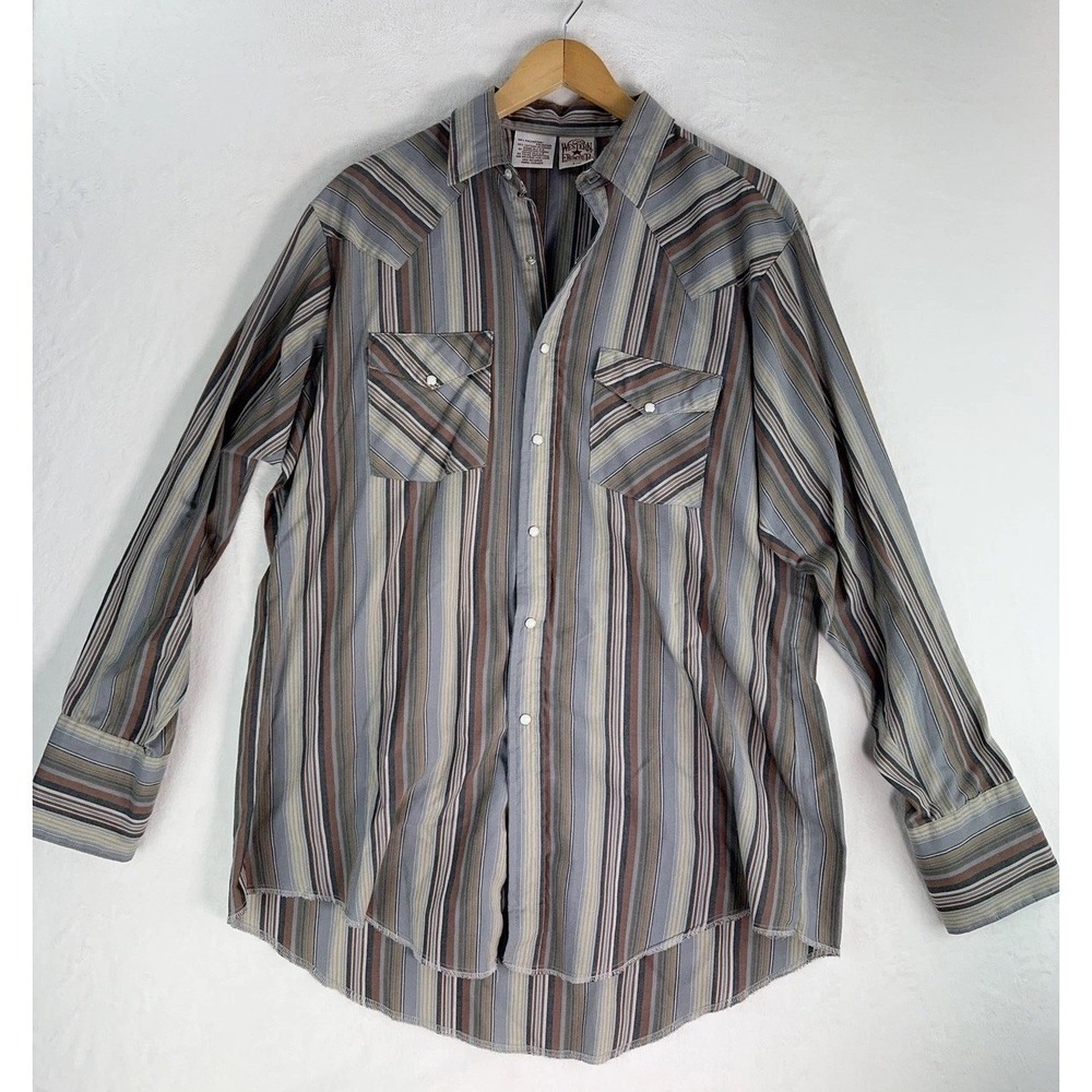 Vintage Western Frontier Shirt Mens Large Gray Stripe Western Pearl Snap USA 90s